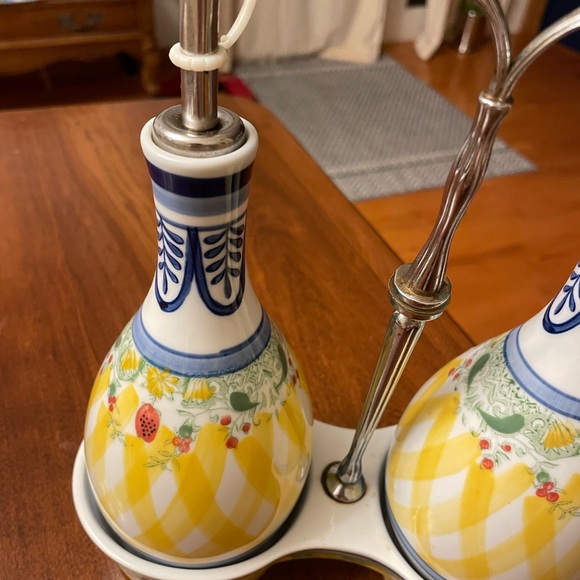 Ceramic Oil and Vinegar Dispenser Set - Blue and Yellow hand painted.  Cruet Set - Picture 6 of 7